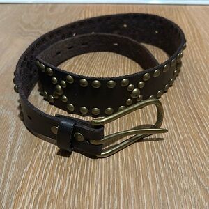 Dark brown leather belt with gold studs